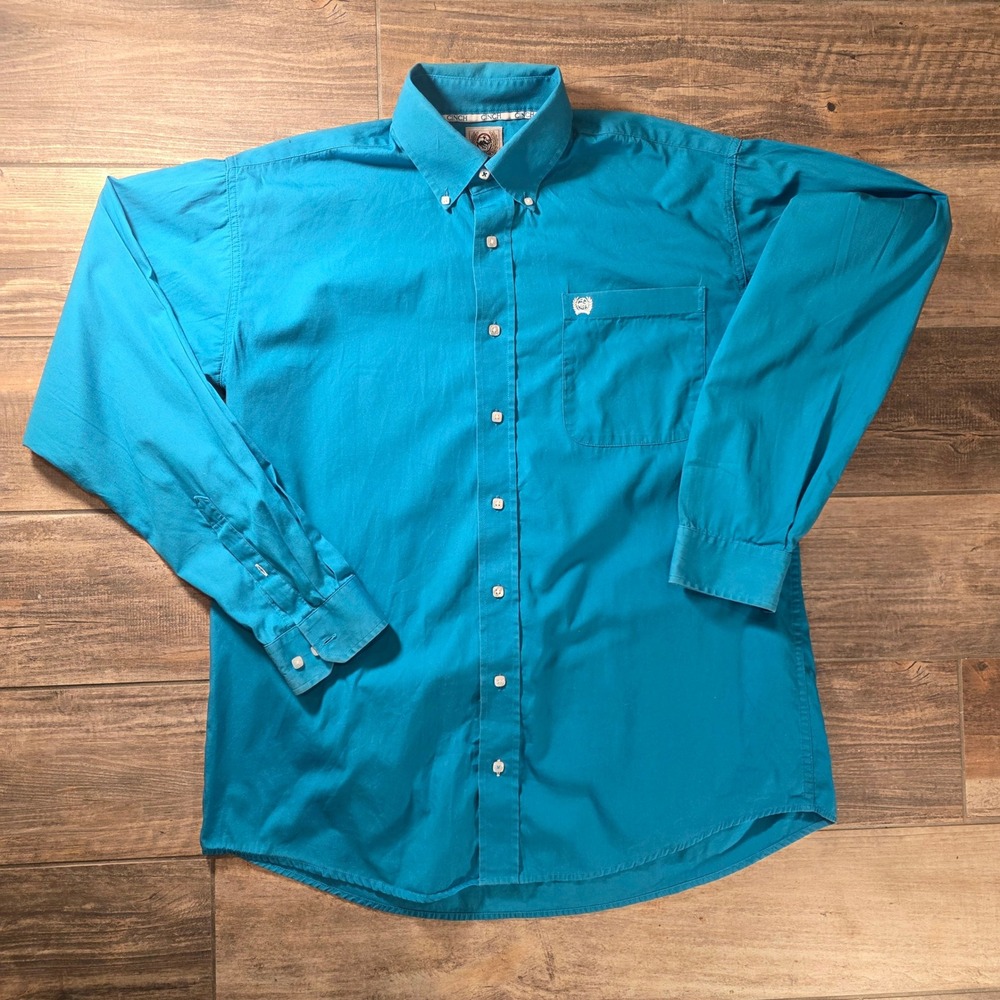 Cinch Mens Turquoise Blue Long Sleeve Western Button Down Shirt Size L Cotton